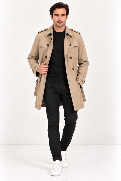 Slim Fit Kemerli Kruvaze Trençkot 21300