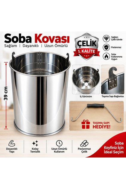 Çelik Soba Kovası 39 cm – 1. Kalite, Taşıma Sapı Hediyeli