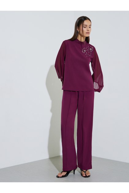 Women Burgundy Rhinestone-Embellished Top and Pants Co-Ords