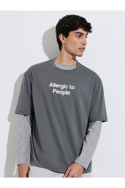 Grey Slogan print Crew neck Oversized T-Shirt