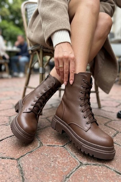 Catty Brown Leather (5 cm Sole) Zippered Lace-Up Thick Soled Women's Daily Boots