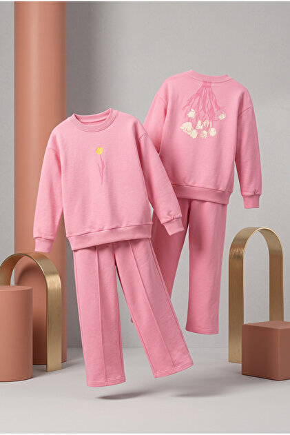 Girl's Floral Printed Sweatshirt with Back Detail, Double Set, 2 Yarns