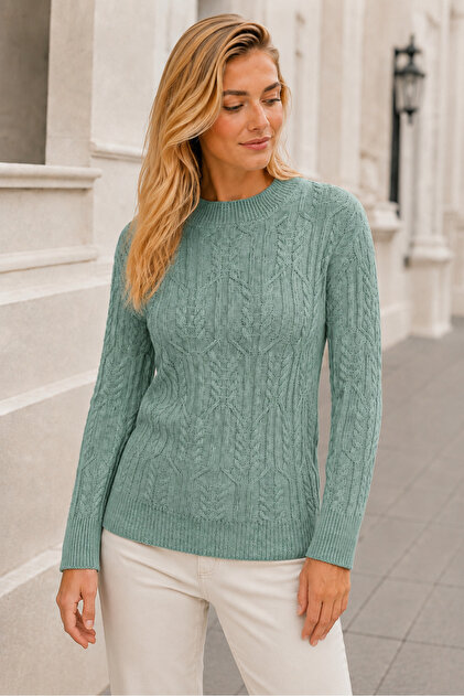 Women's Crew Neck Long Sleeve Hair Braided Patterned Elegant Soft Textured Casual Mint Knitwear Sweater