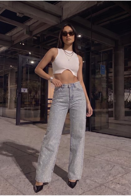 Women's New Season Kry Washed Lycra High Waist Full Stone-Filled Front Wide Leg Wide Leg Jeans Denim Trousers