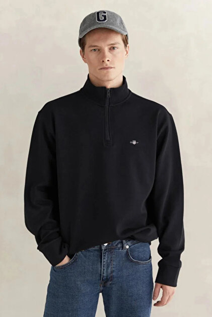 Men's Black Relaxed Fit Half Zipper Sweatshirt