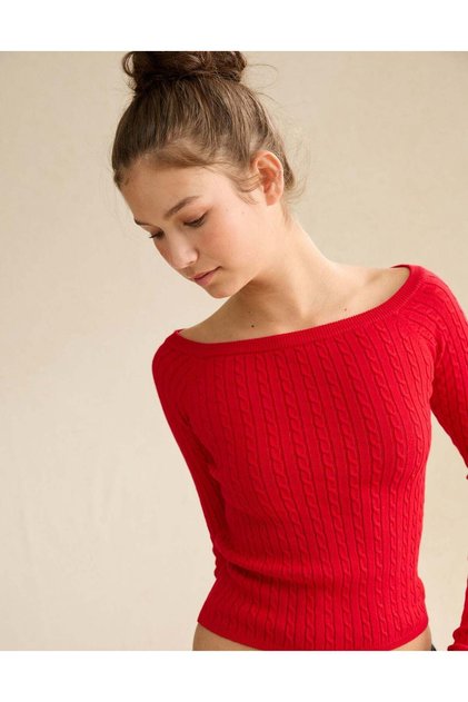 AE Fitted Off-the-Shoulder Cable Knit Sweater