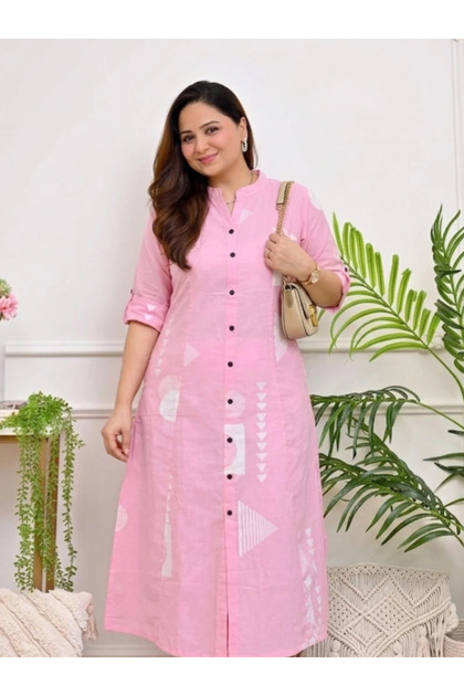 Baby Pink Floral Printed A-Line Kurta Set - FFT8390 | Baby Pink-Size:3XL-46-Inches