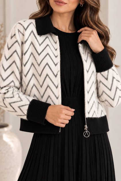 Zigzag Patterned Cardigan Detailed Pleated Maxi Dress Set