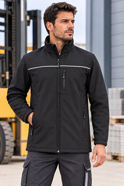 Siyah Softshell İş Montu Reflektör Şeritli Polar İç Astarlı Fermuarlı Cepli Erkek İş Ceketi
