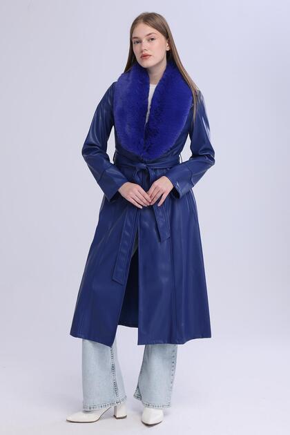 Women's Plush Collar Leather Look Long Coat
