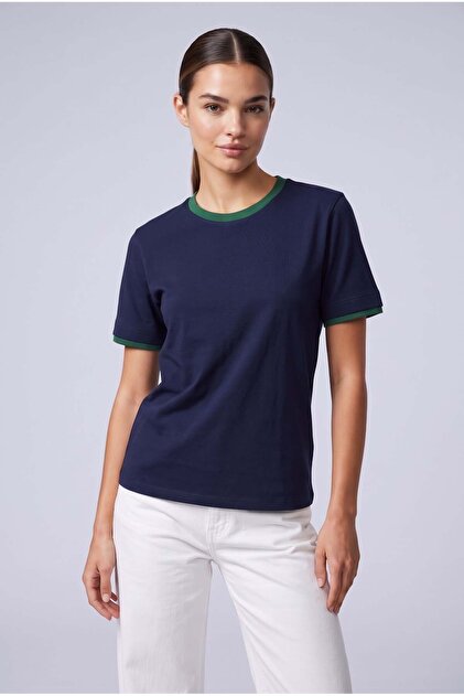 Women's 100% Cotton Double Layer Interlock T-Shirt Navy Blue