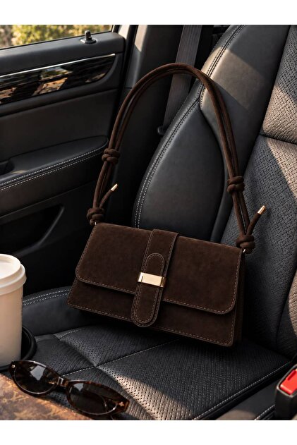 Suede Handbag with Knot Strap Detail - Daily Baguette Bag with Magnetic Closure 25X13Cm