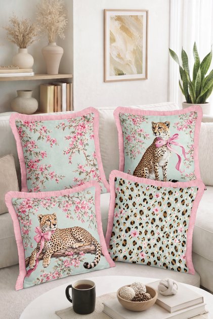 Leopard Figured Pink Bowknot Flower and Leopard Patterned 4-Piece Fringed-Tasseled Throw Pillow Cover Set