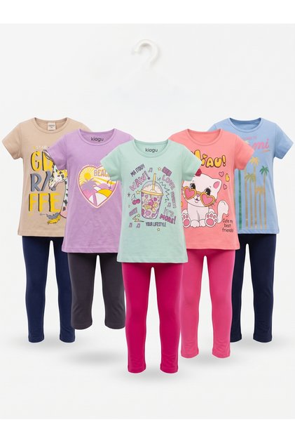 5-Piece Children's Set Character Printed Crew Neck Short Sleeve T-Shirt Capri 2-Piece Set 1-7 Years Old Cotton