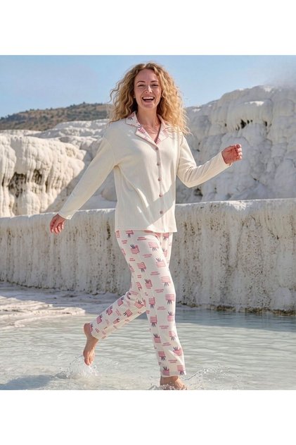 Women's Long Sleeve Front Buttoned'Happy Birthday' Birthday Cake Pattern 100% Cotton Ribbed Pajama Set
