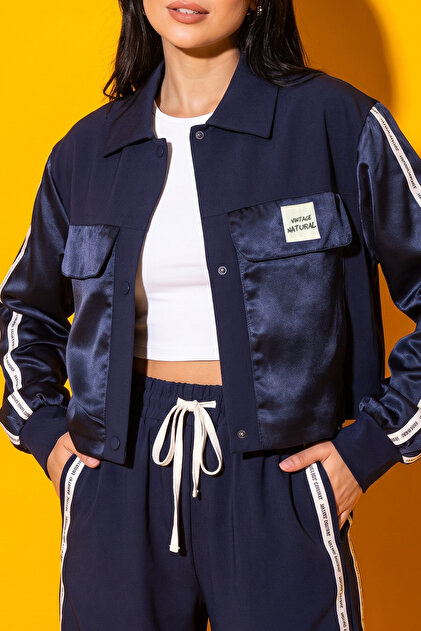 Satin Detailed Large Pockets with Snap Fasteners Sporty Sporty Side Stripe Pockets with Ties Lace-Up Seasonal Office School Crop Trousers Sweatpants Lettered Seasonal Spring Set Suit