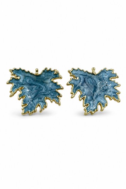 Women's Blue Enamel Leaf Design Earrings with Yellow Tone Frame Stylish and Modern Bijouterie Accessory
