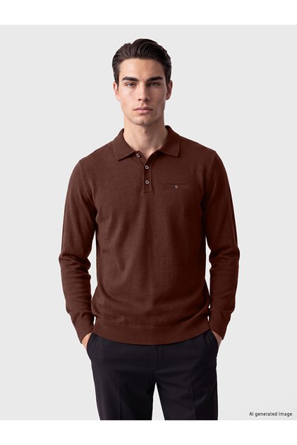 Vizyon New Season Brown Polo Collar Men's Sweatshirt