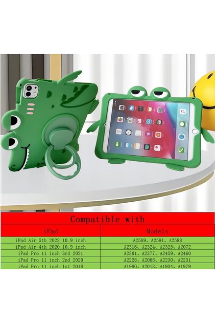 Green Dinosaur Case with Strap for iPad Pro 11 inch/Air 5th 2022/Air 4th 2020 10.9 inch,3D Kawaii Cute 360 Rotation Kickstand Dinosaur Kids Girls Boys Soft Silicone Case with Cat Kickstand