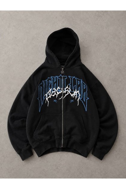Black Nightlab Blue Printed Hooded Zippered Oversize Sweatshirt