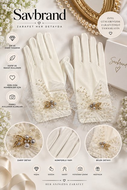 Bridal Gloves with Pearl and Tulle Detailing Stylish Elegant Gloves for Special Occasions