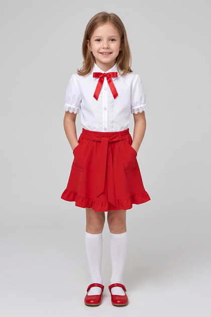 Girls' Red Bowknot Lace White Short Sleeve Shirt Red Bowknot Pocket Ruffle Skirt April 23 October 29 Show Outfit