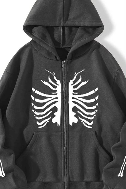 Black Skeleton-Rib Printed Zippered Hooded Oversize Sweatshirt