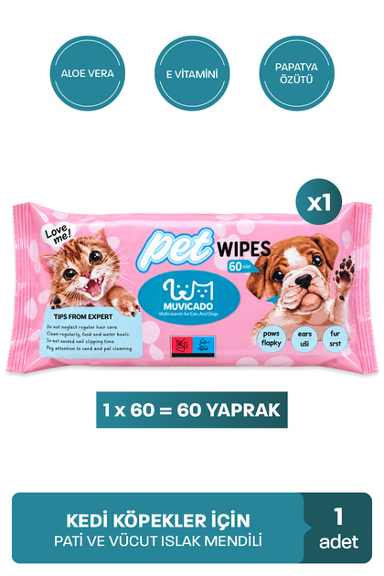 Kedi Köpek Pati Temizleme Mendili Kediler Köpekler İçin İslak Mendil Pet Wipes 60 Yaprak
