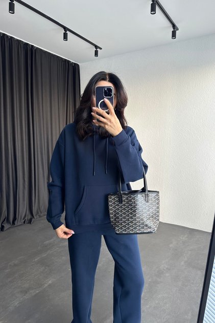 Navy Blue 3-Threaded Hooded Kangaroo Pocket Sweatshirt with Elastic Waist Sweatpants Set
