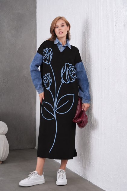 Women's Denim Sleeve Beaded Embroidered Wide Fit Long Knitwear Dress