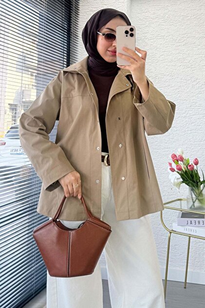 Premium Stand Collar Snap Detail Short Trench Coat - Mink