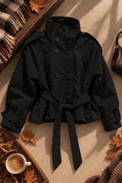 Women's Premium Lined Short Trench Coat with Stand Collar, Belted, Double Pockets, Buttoned Epaulet Detail, Seasonal Trench Jacket