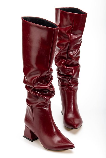Zri̇nx-2002 Premium Burgundy Wrinkled Patent Leather Bellows Thick Heeled Women's Boots 7 cm