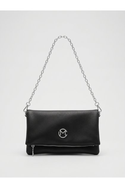Kadın Siyah Zincir Askılı Katlamalı Kapak Omuz ve Çapraz Çanta Fermuarlı Mini Portföy Clutch