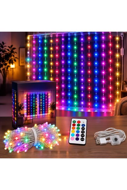 ™ Instalare perdea luminoasă LED RGB pentru uz interior, dimensiune 3x3m, 300 LED-uri durabile, telecomandă cu 24 de taste, 16 moduri de iluminare, conexiune USB 5V, moduri de iluminare dinamice, lumini decorative.
