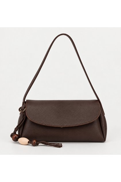 Dark Brown Women's Mini Shoulder Bag with Beads and Tassel Detail, Flap Cover, Daily Crossbody Bag