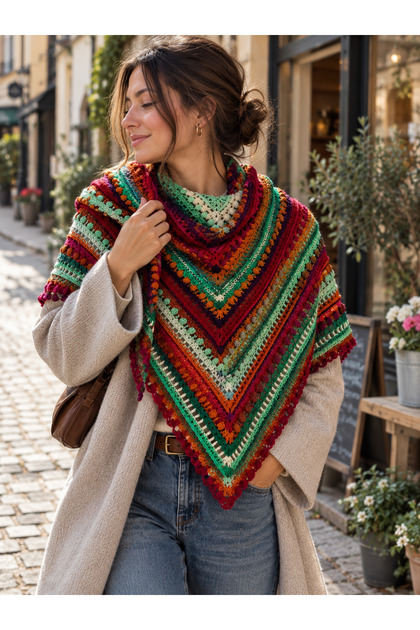 Hand Knitted 100% Wool, Colorful Shawl - Bohemian Triangle Shoulder Shawl - 89X169 cm