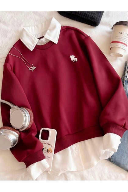 Burgundy Rider Print Crew Neck Oversize Sweatshirt