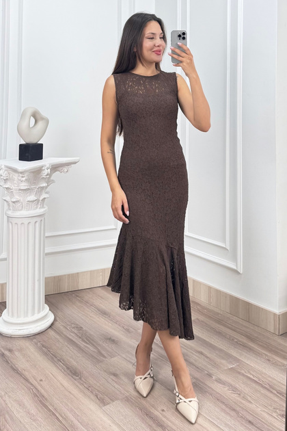 Women's Summer Coffee Tulle Lace Inside Lined Round Neck Sleeveless Asymmetrical Cut Long Dress 50425