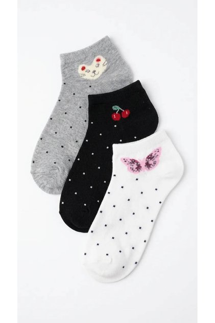 Women's Booties Socks Set of 3 | 1 White Butterfly, 1 Black Cherry, 1 Gray Teddy Bear Patterned