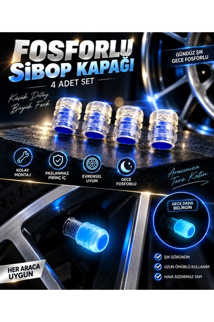 Fosforlu Sibop Kapağı 4 Adet Set Universal Araç Oto Lastik Sibop Kapağı Mavi