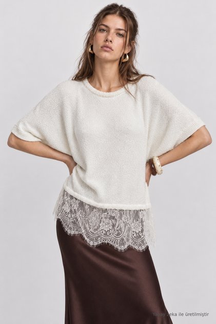 Lace Seasonal Oversize Knitwear Blouse 4421 Lki̇0074 Ecru