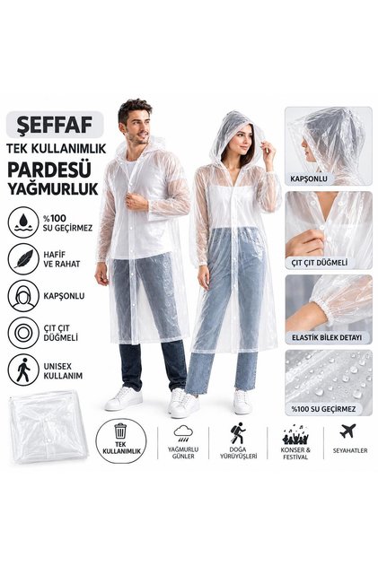 Şeffaf Unisex Tek Kullanımlık Kapüşonlu Yağmurluk Pardesü Çıtçıtlı %100 Su Geçirmez