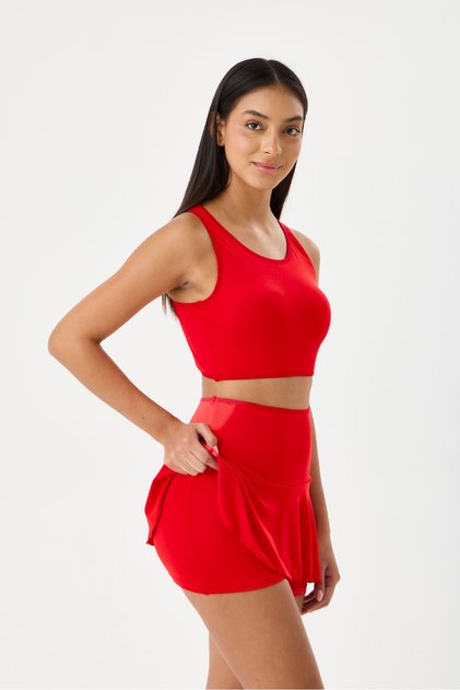 Women's Red Bustier Shorts Skirted Strap Swimsuit Set Lycra
