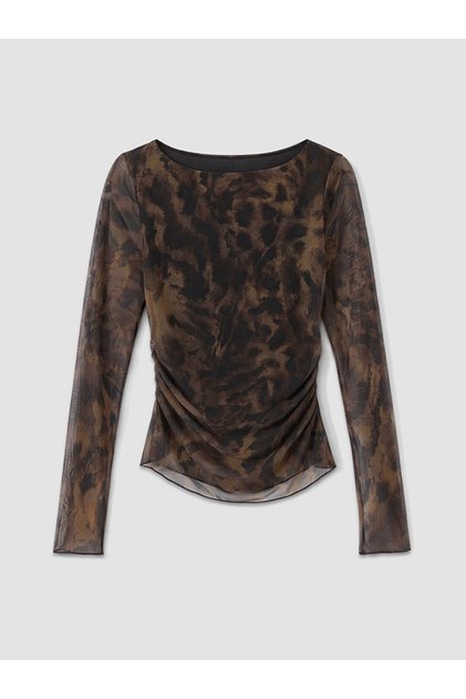 Brown Boat Neck Leopard Print Gathered Blouse