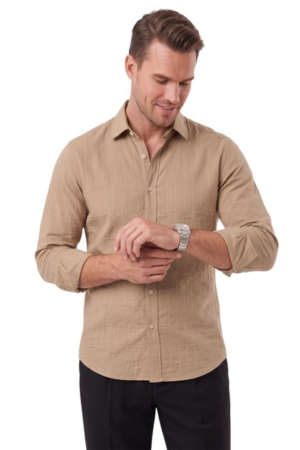 Men's Slim Fit 95% Cotton Striped Textured Light Brown Non-Iron Shirt 2600002