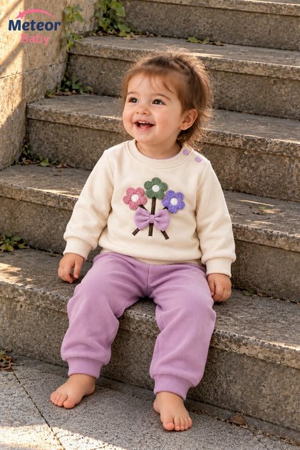 Baby Girl Set with Floral Appliques and Bow Detail, 2-Piece Top and Bottom Set, Seasonal, 6 9 12 18 24 Months