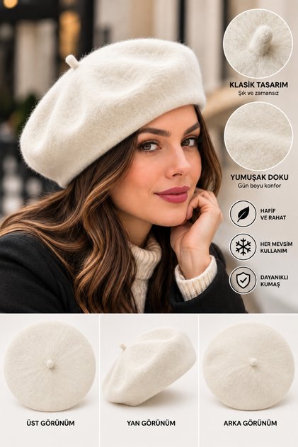 Kadın Ekru Yumuşak Dokulu Kışlık Ressam Bere