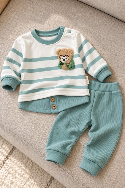 Baby Boy Set Teddy Bear Striped 2-Piece Top and Bottom Set Seasonal
