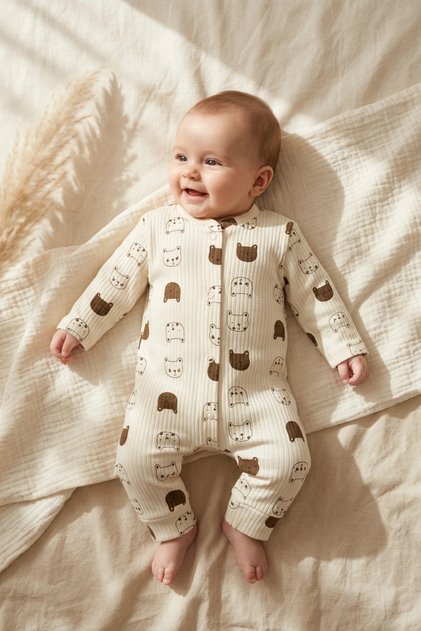 Coffee Bear Patterned Fabric 100% Cotton Baby Boy Romper 3-6-9 Months